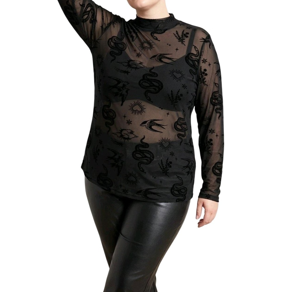 Torrid Sheer Mesh Top SZ 6 Black Celestial Snake Bird Gothic Occult Whimsigoth